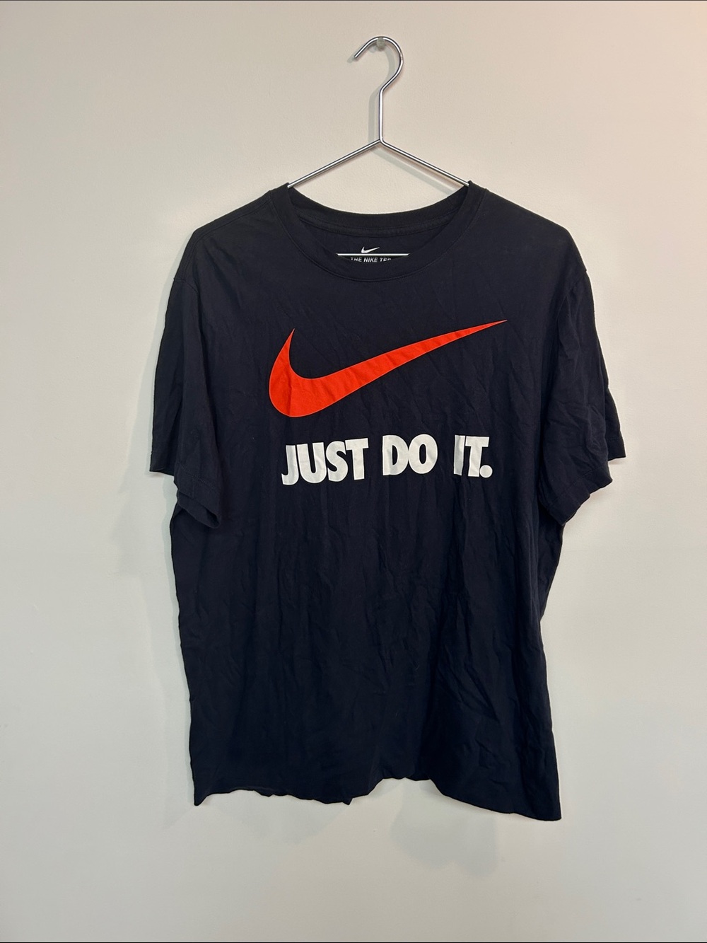 Nike Men's Black Tee with Red Swoosh and White 'JUST DO IT.'